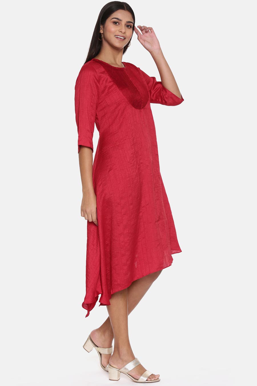 Red Slub Silk Pleated Dress