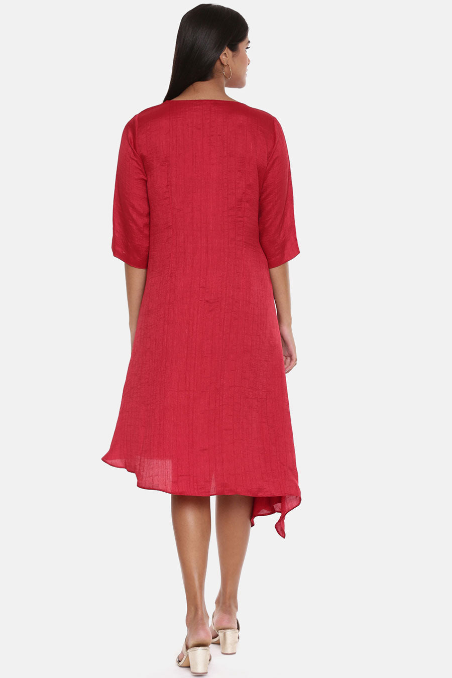 Red Slub Silk Pleated Dress