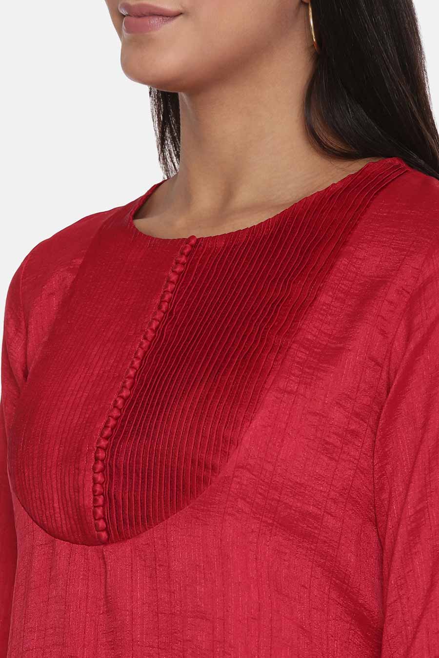 Red Slub Silk Pleated Dress