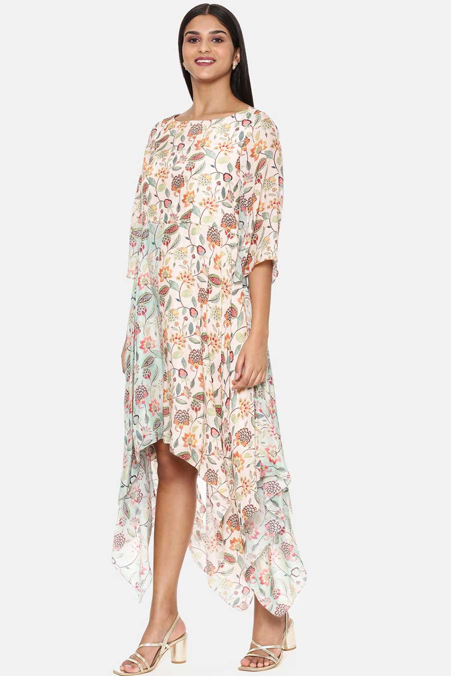 White Floral Print Muslin Dress