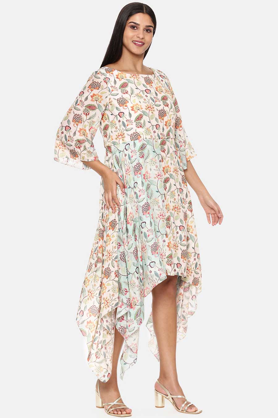 White Floral Print Muslin Dress