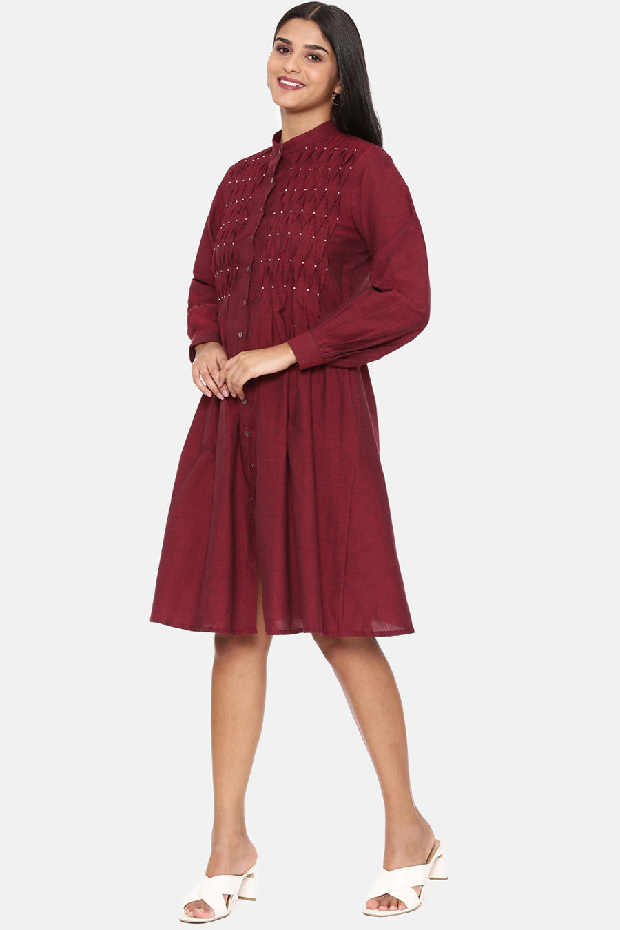Maroon Cotton Pleated Dress