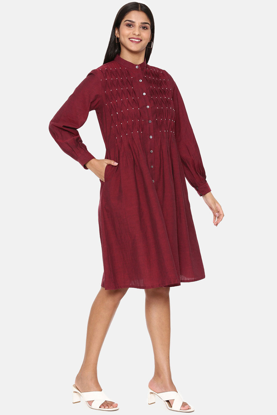 Maroon Cotton Pleated Dress