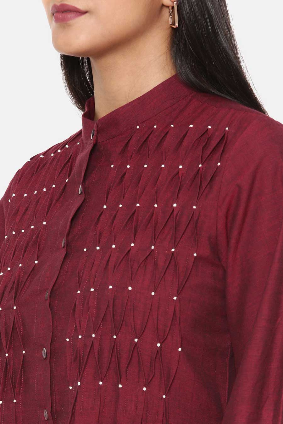 Maroon Cotton Pleated Dress