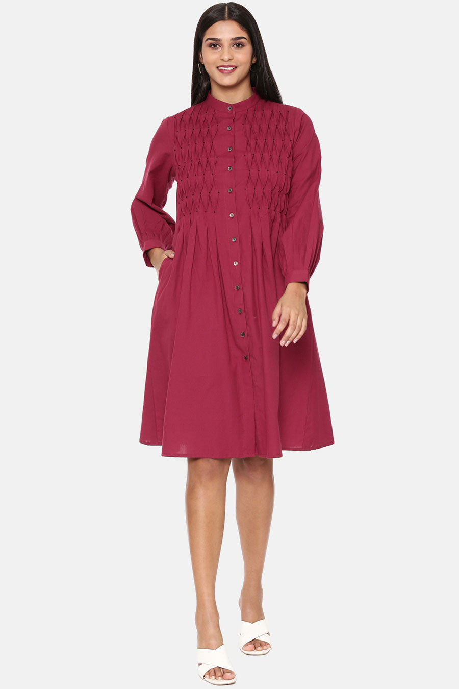 Wine Cotton Pleated Dress