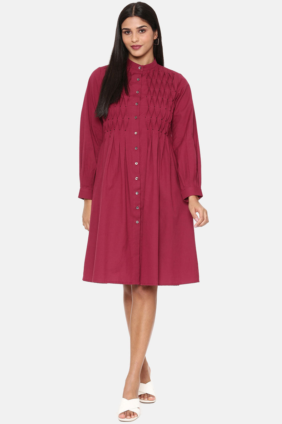 Wine Cotton Pleated Dress
