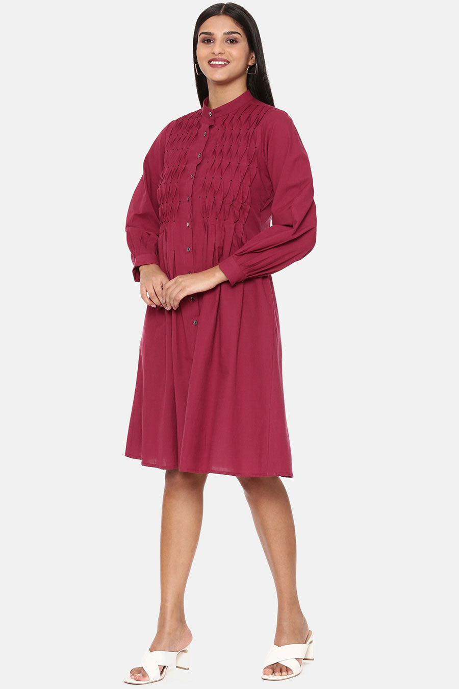Wine Cotton Pleated Dress