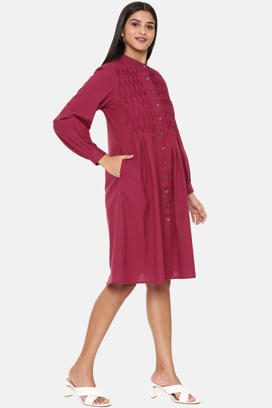 Wine Cotton Pleated Dress