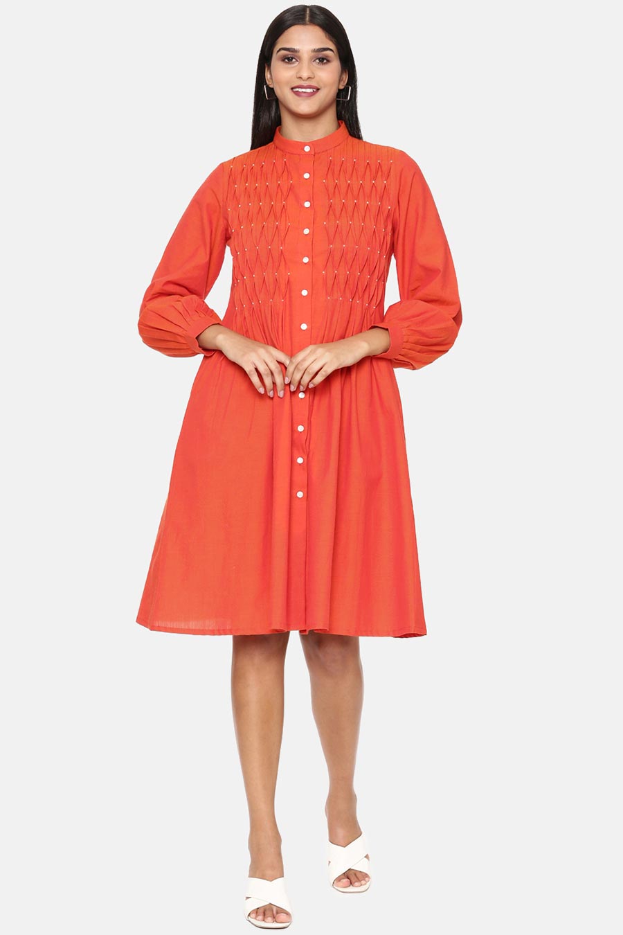 Orange Cotton Pleated Dress