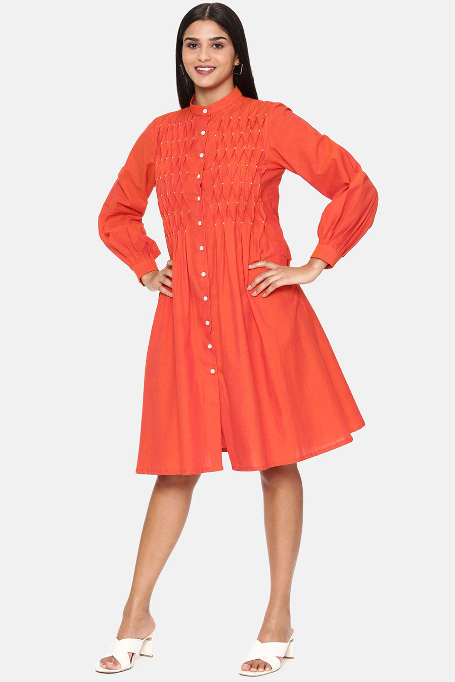 Orange Cotton Pleated Dress
