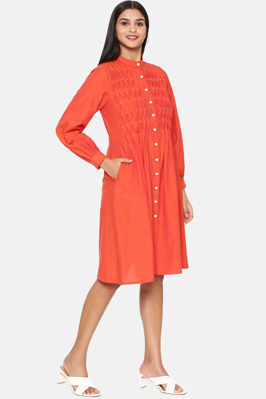 Orange Cotton Pleated Dress