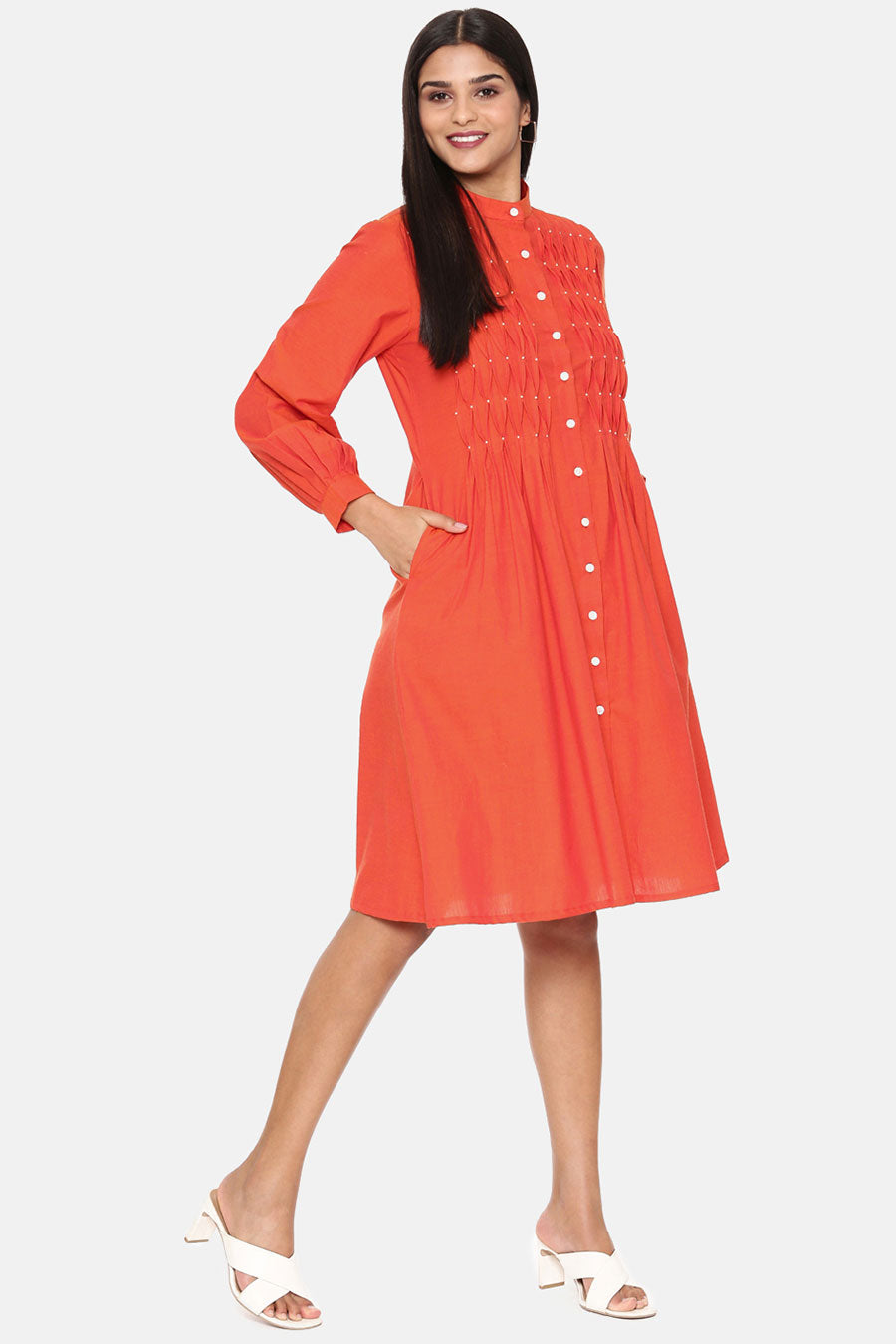 Orange Cotton Pleated Dress