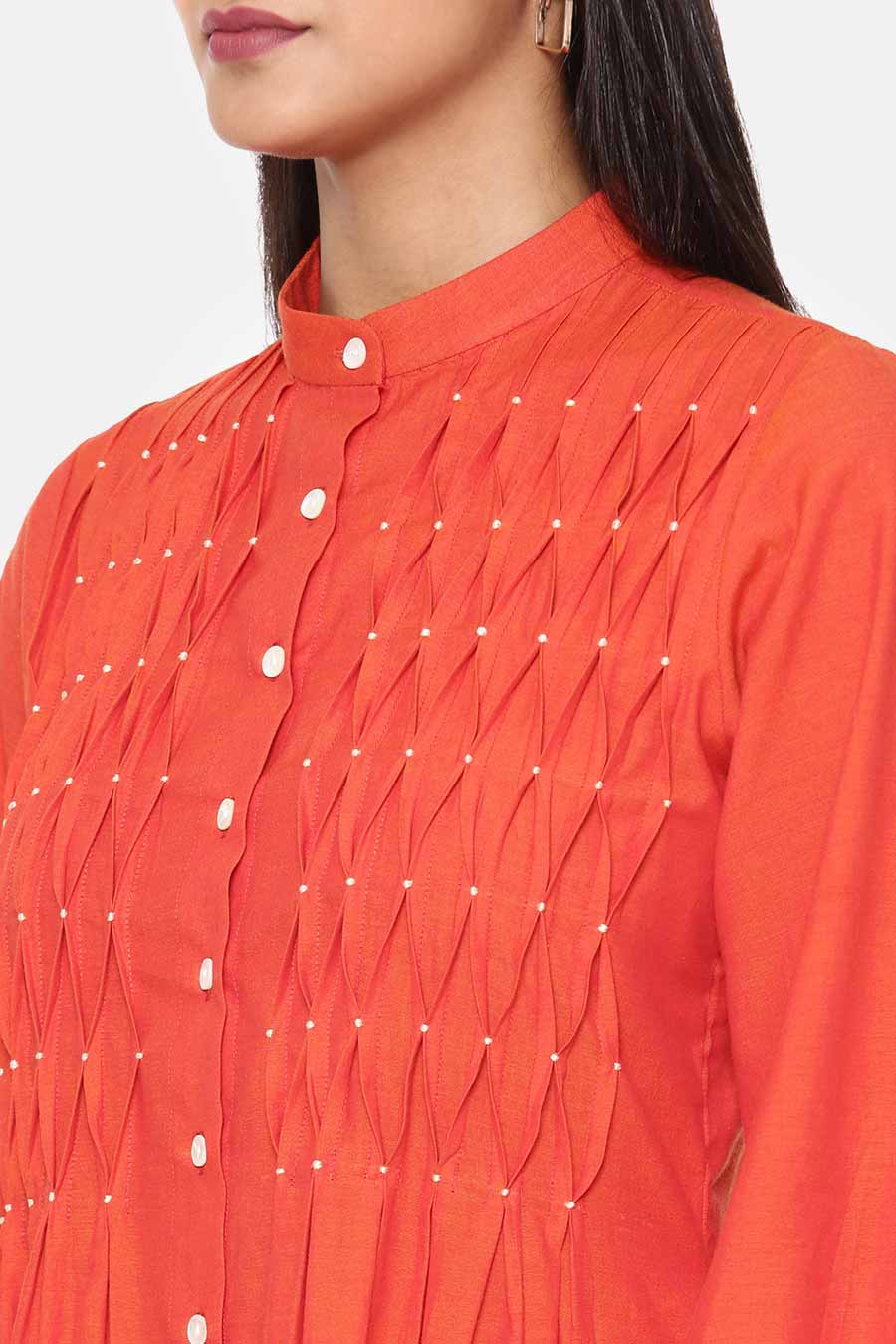 Orange Cotton Pleated Dress