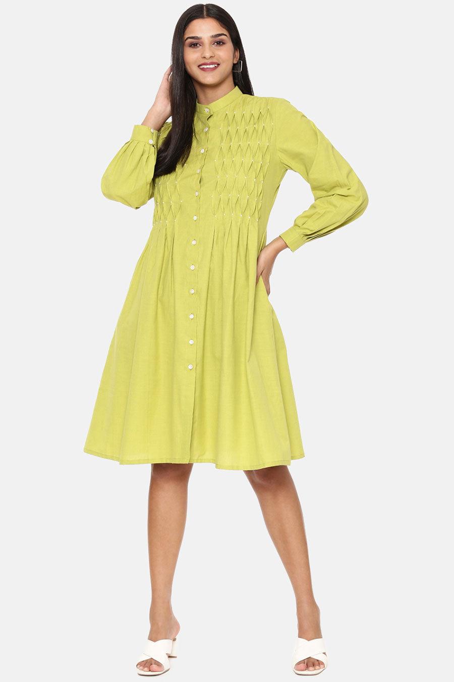 Green Cotton Pleated Dress