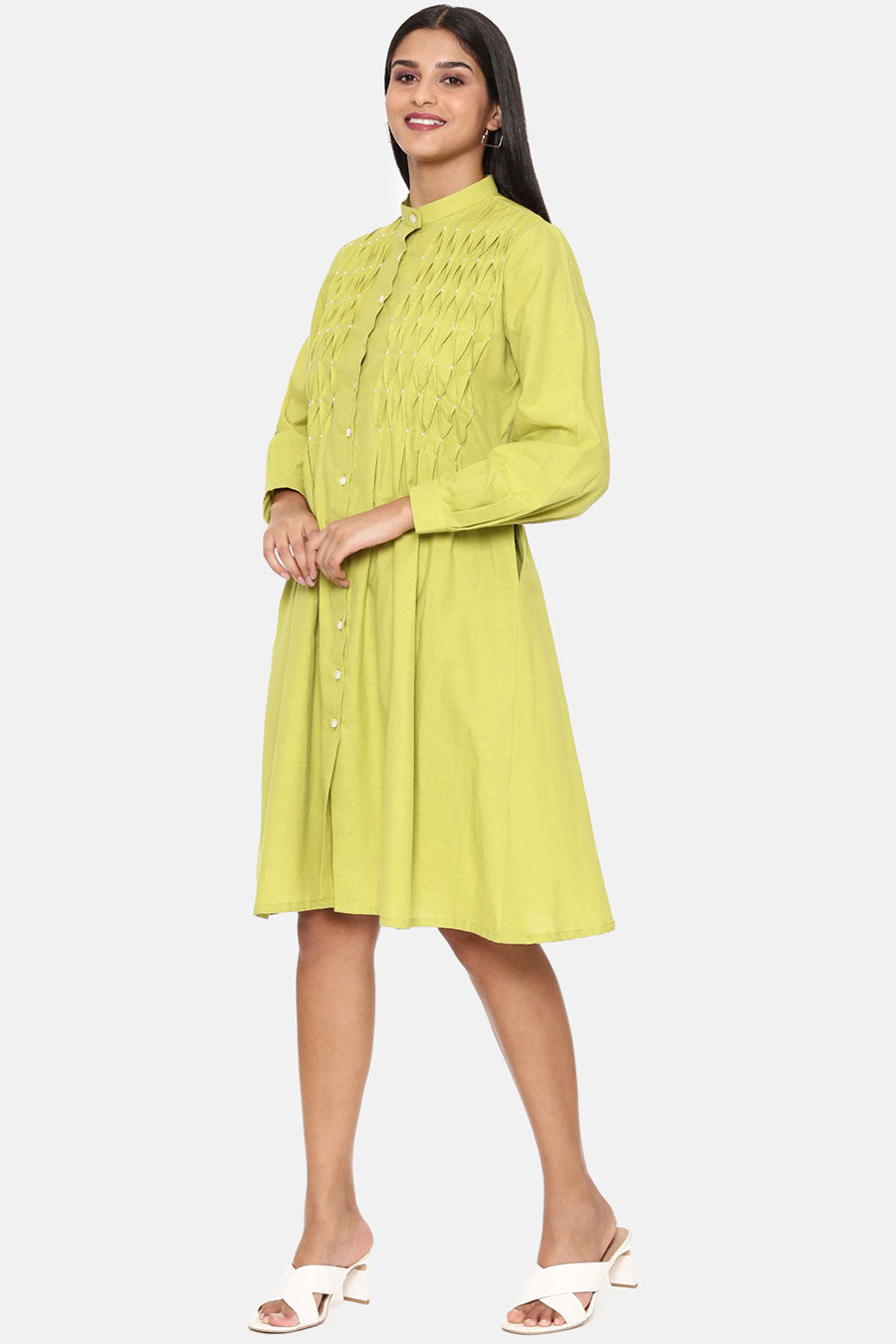 Green Cotton Pleated Dress