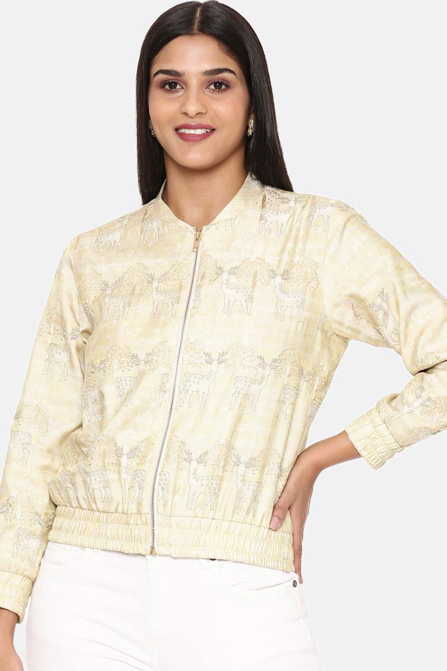 Gold Printed Silk Bomber Jacket