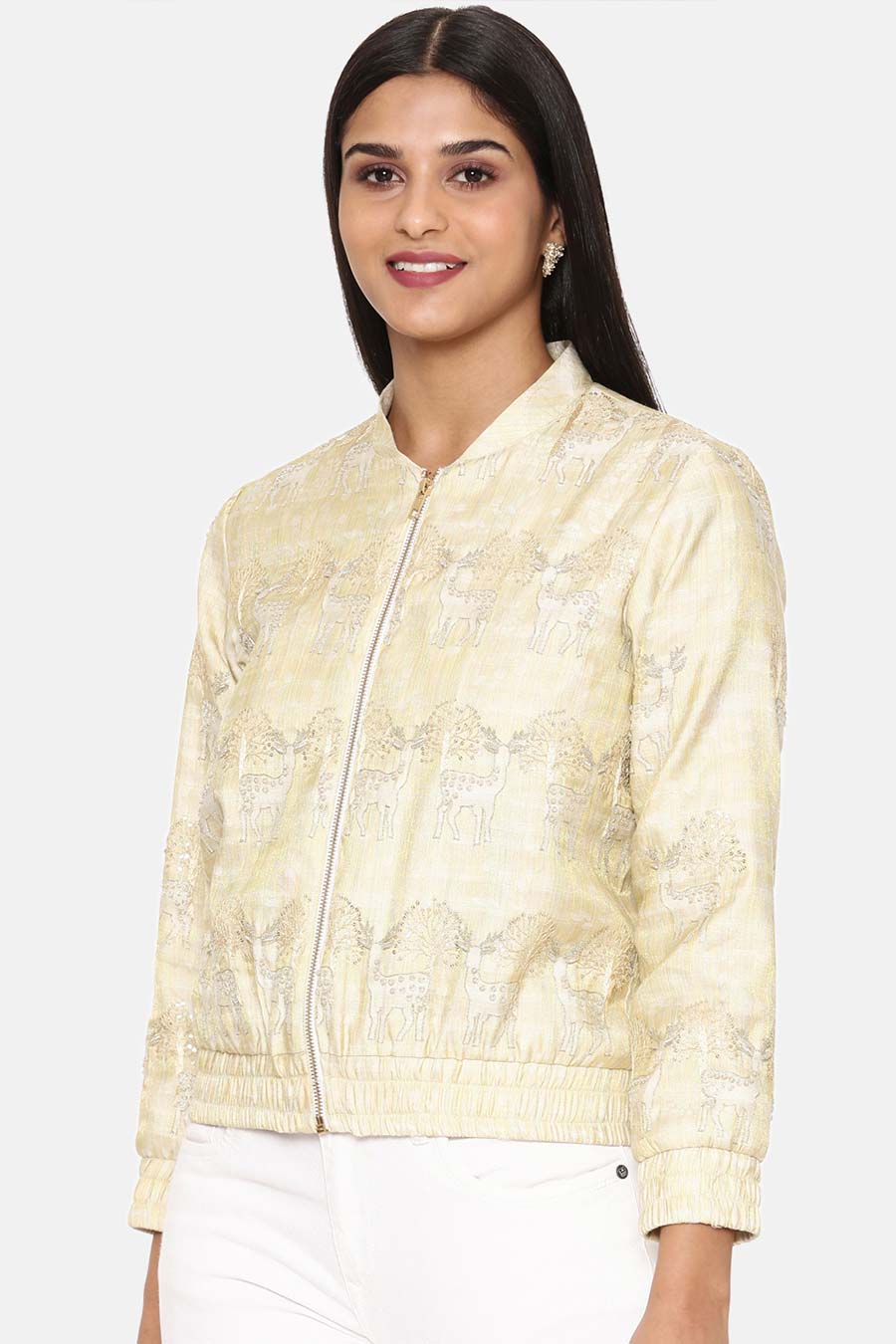 Gold Printed Silk Bomber Jacket