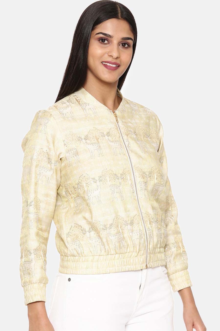 Gold Printed Silk Bomber Jacket