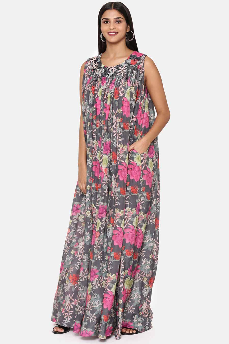 Grey Floral Print Muslin Jumpsuit