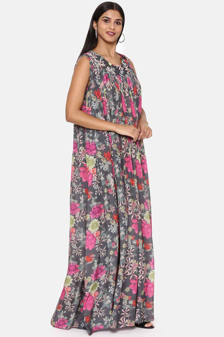 Grey Floral Print Muslin Jumpsuit