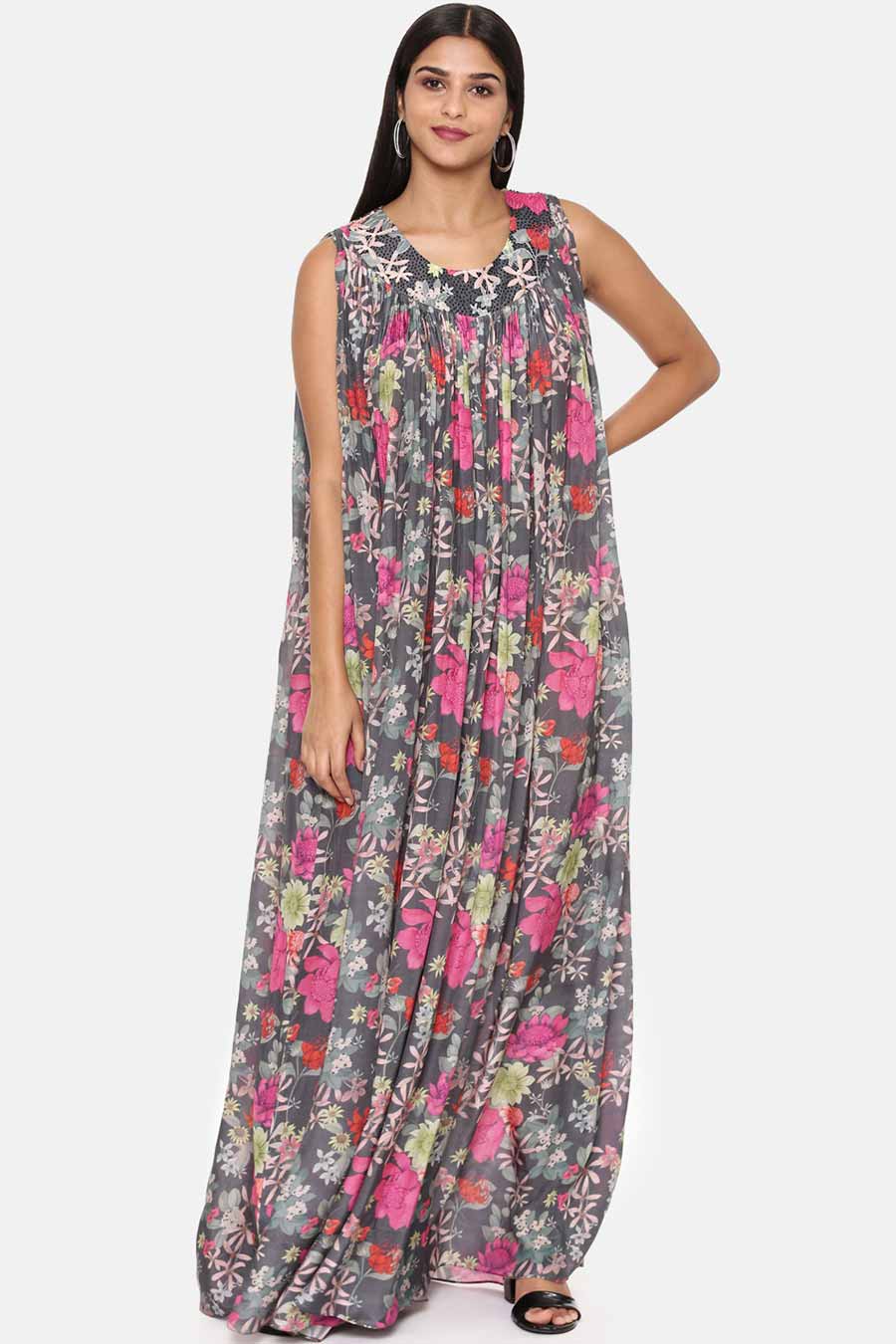 Grey Floral Print Muslin Jumpsuit