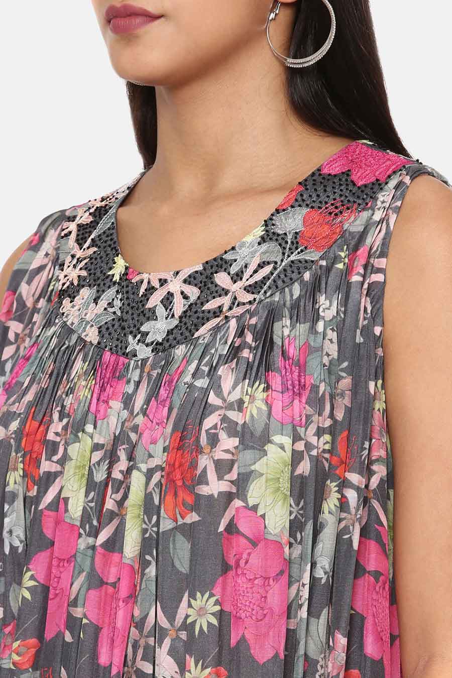 Grey Floral Print Muslin Jumpsuit