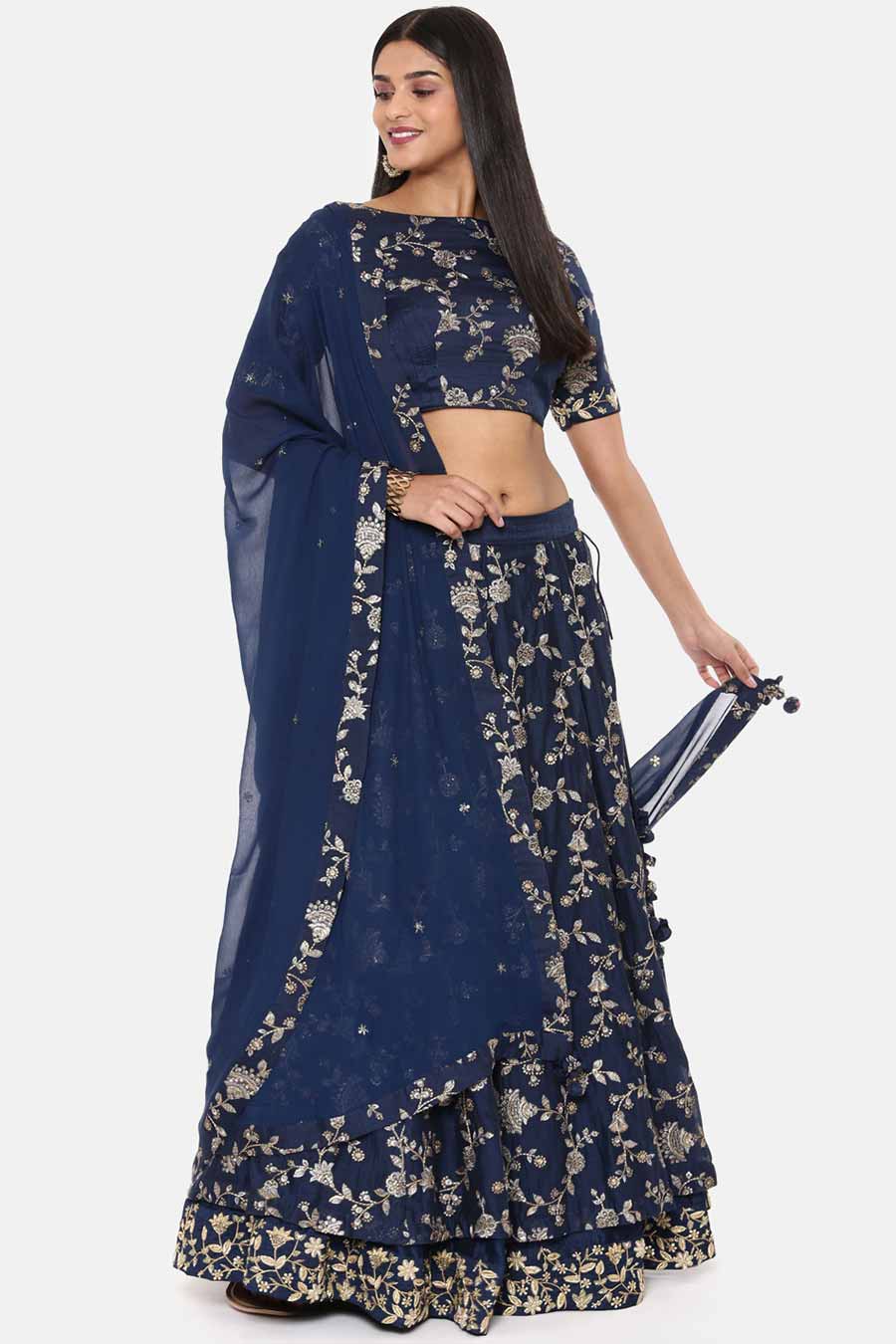 Blue Chanderi Embroidered Lehenga Set