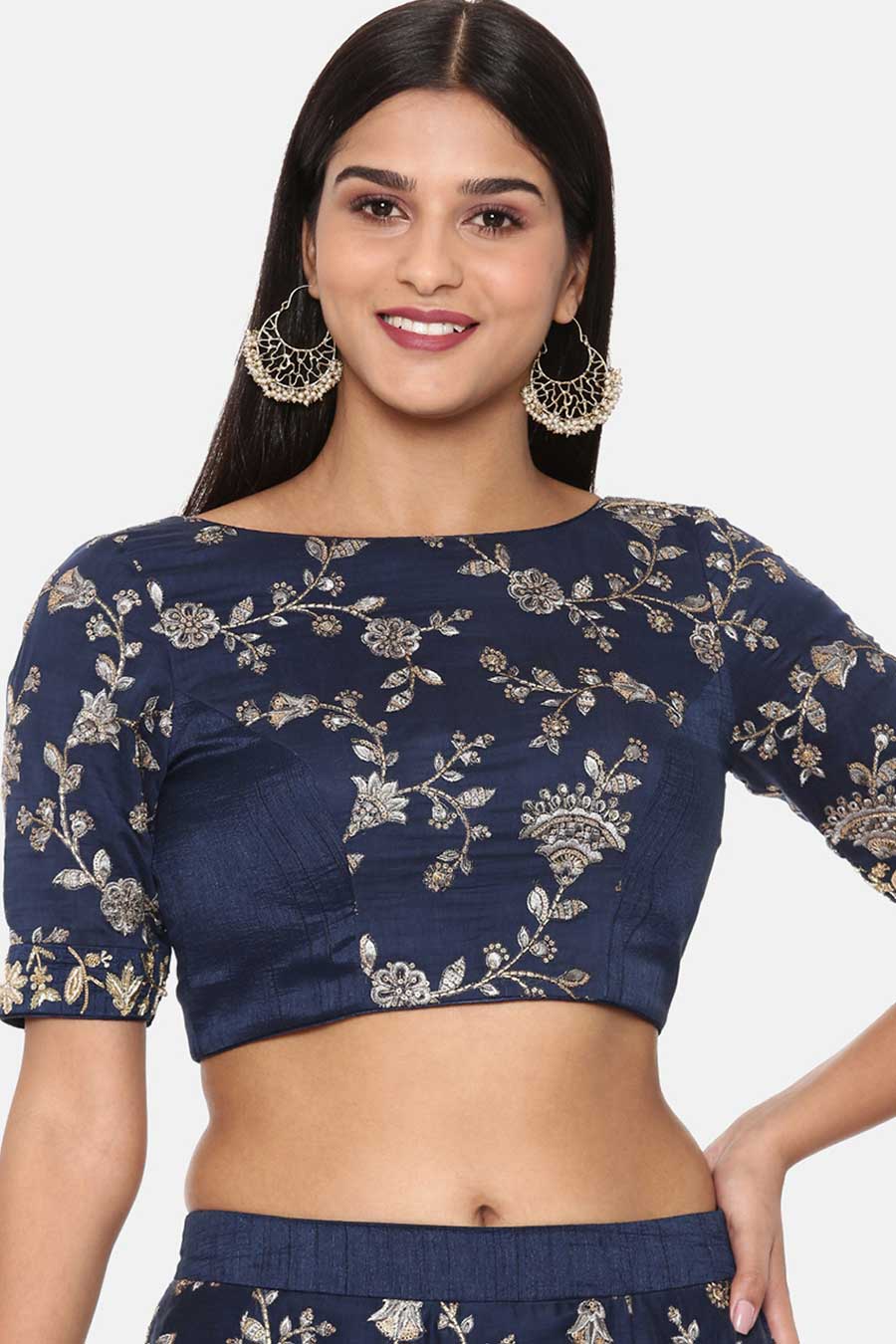 Blue Chanderi Embroidered Lehenga Set