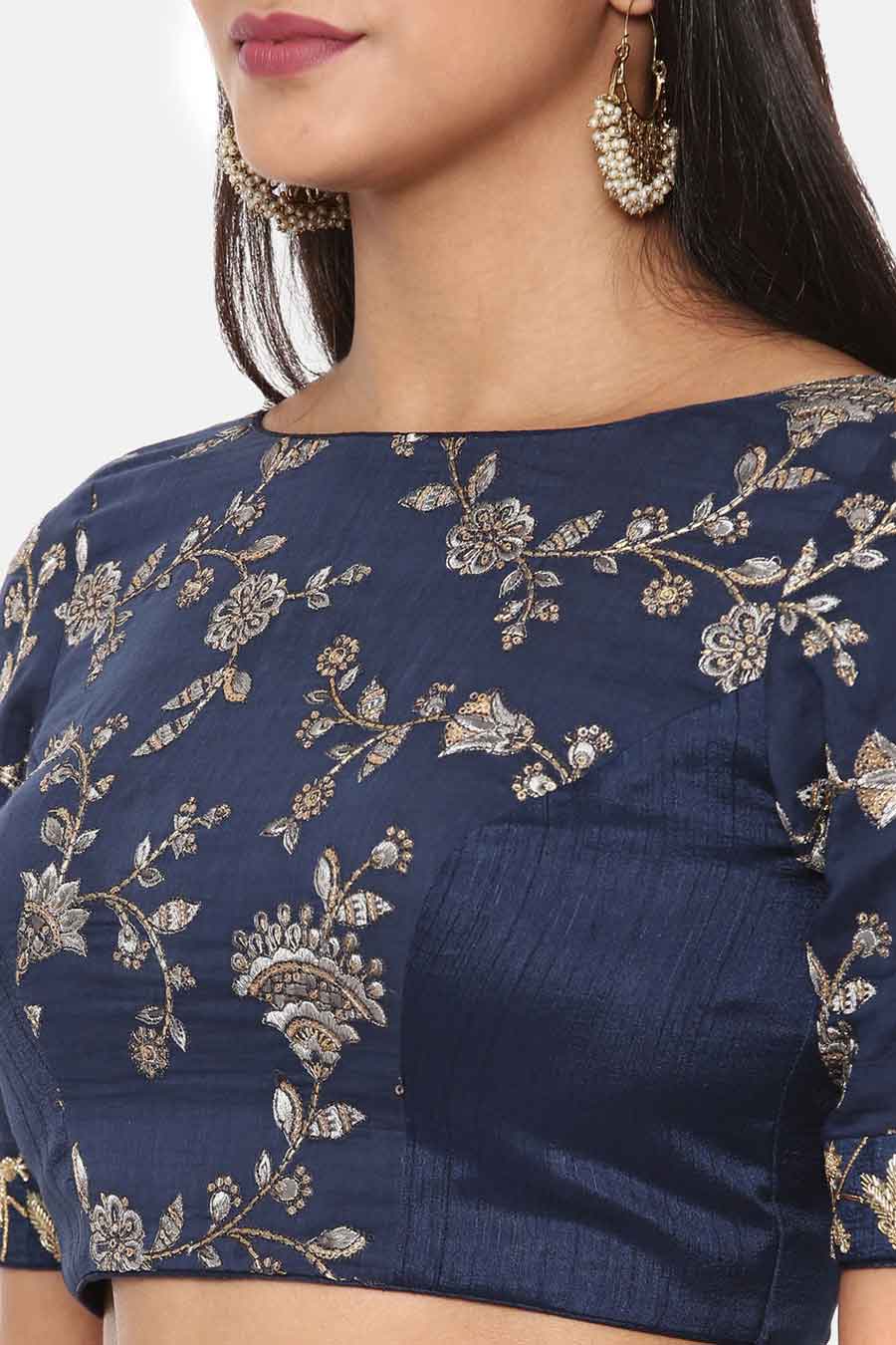 Blue Chanderi Embroidered Lehenga Set