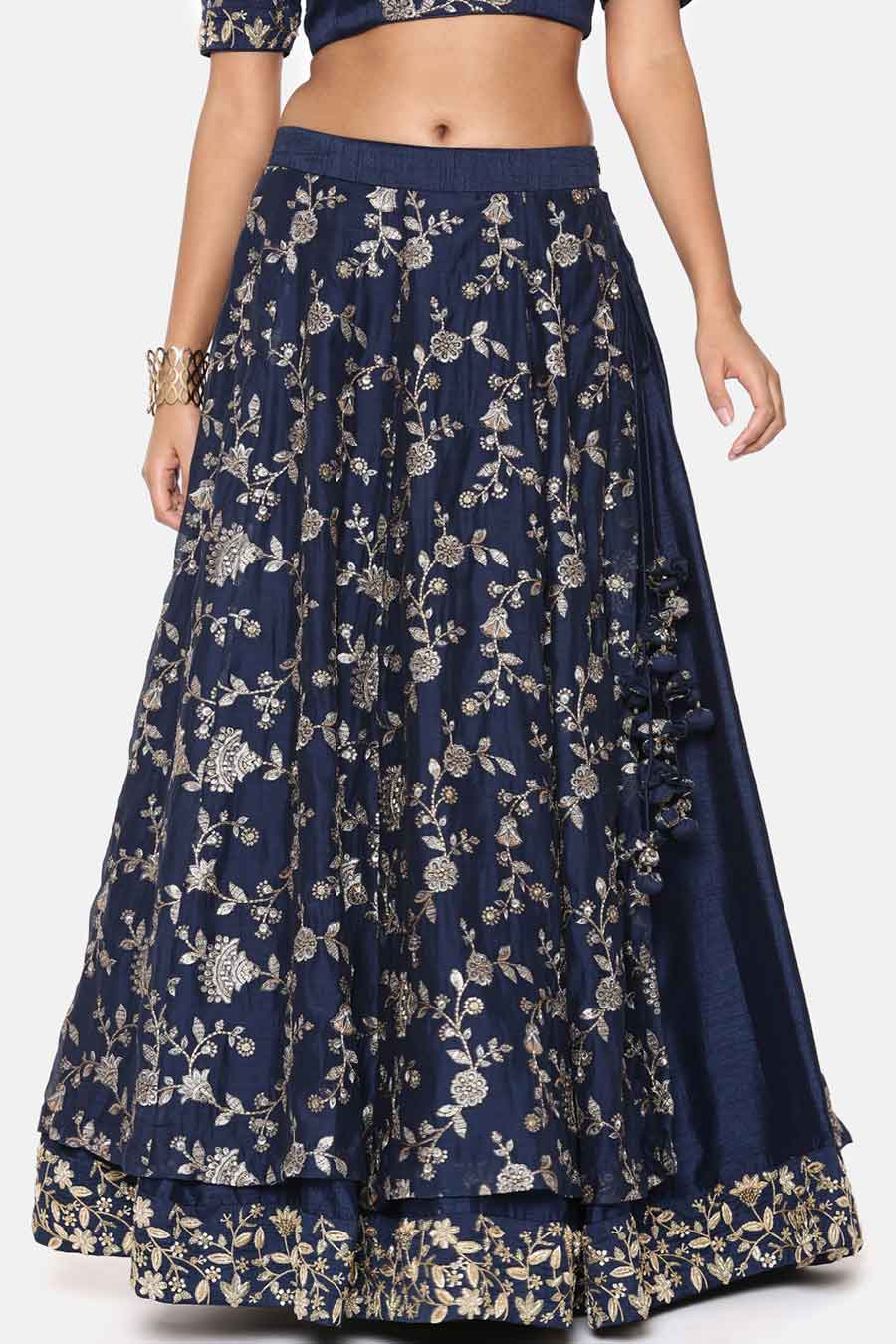 Blue Chanderi Embroidered Lehenga Set