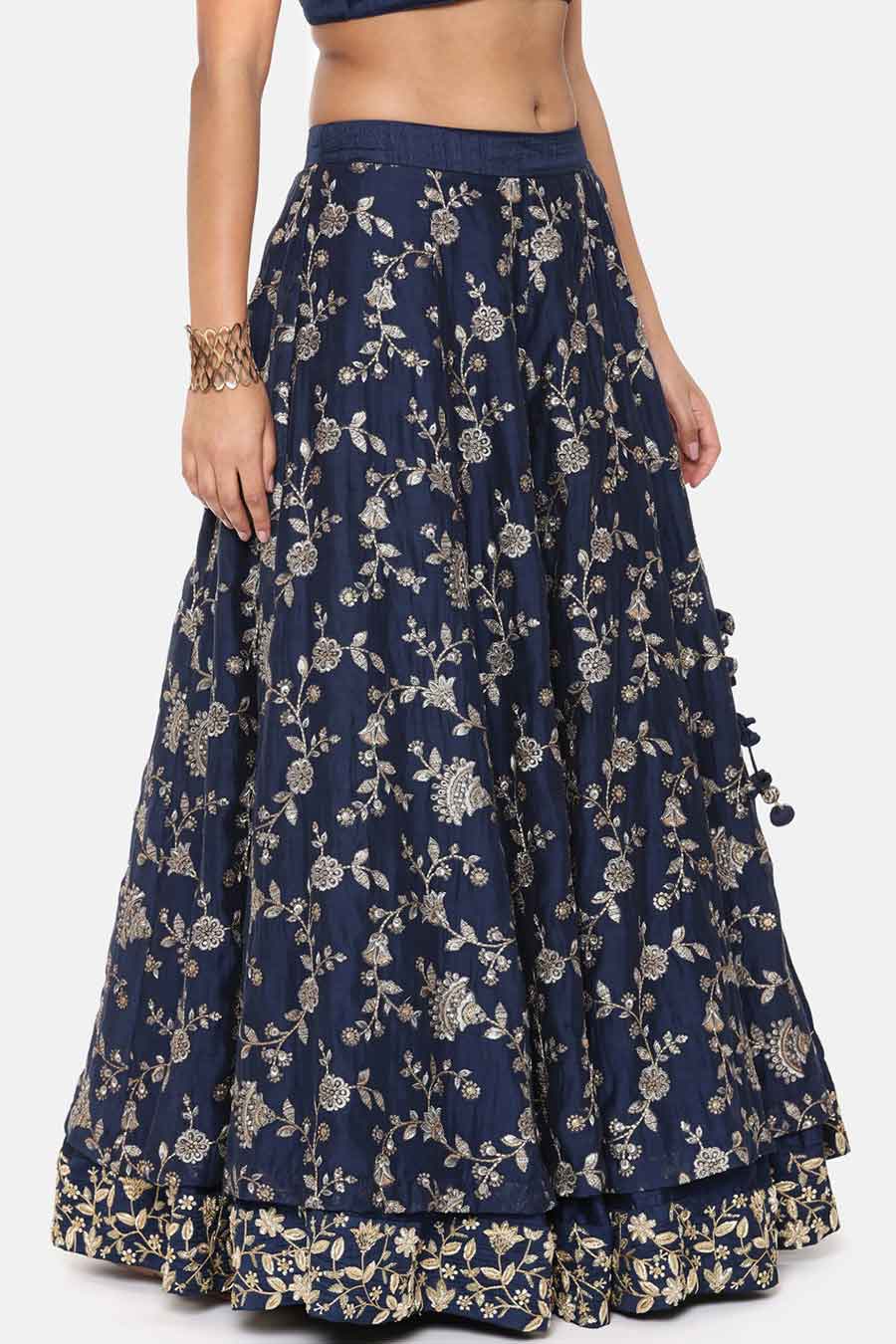 Blue Chanderi Embroidered Lehenga Set