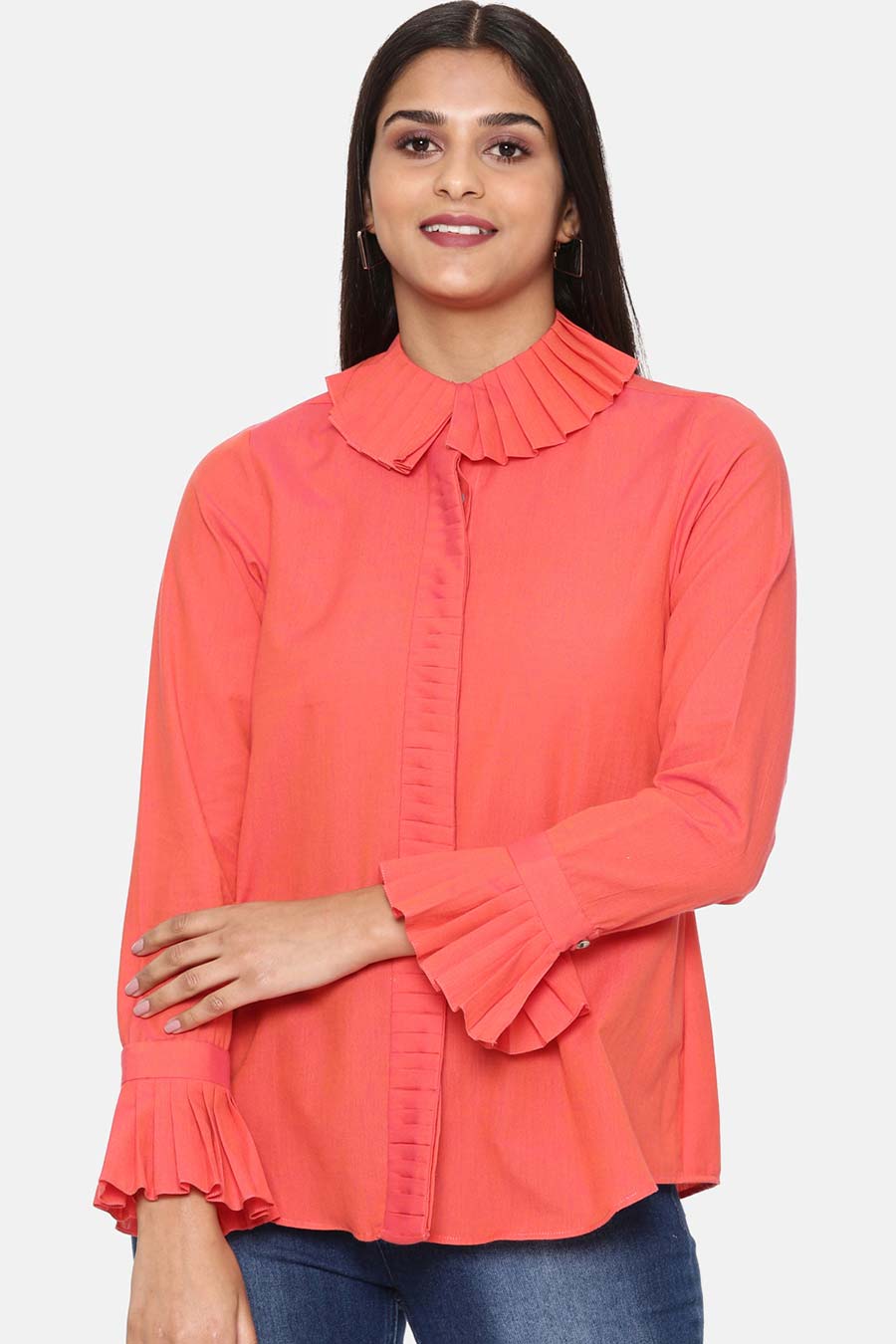 Red Cotton Pleated Shirt