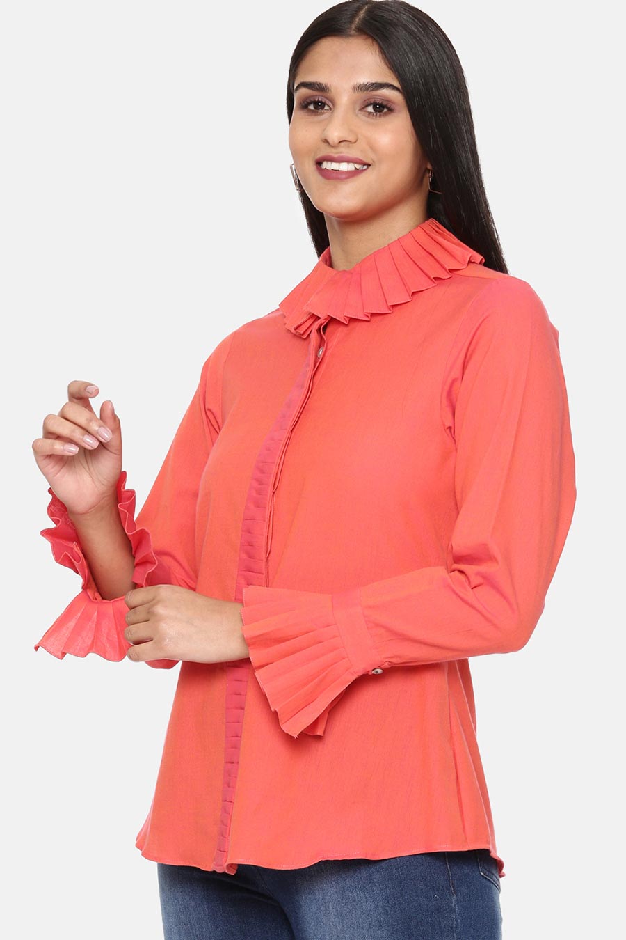 Red Cotton Pleated Shirt