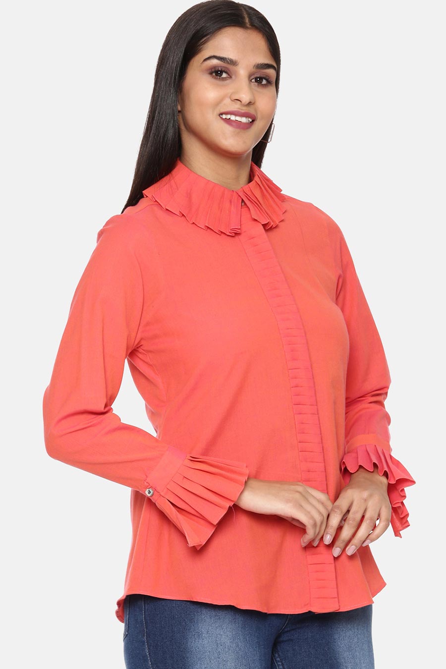 Red Cotton Pleated Shirt