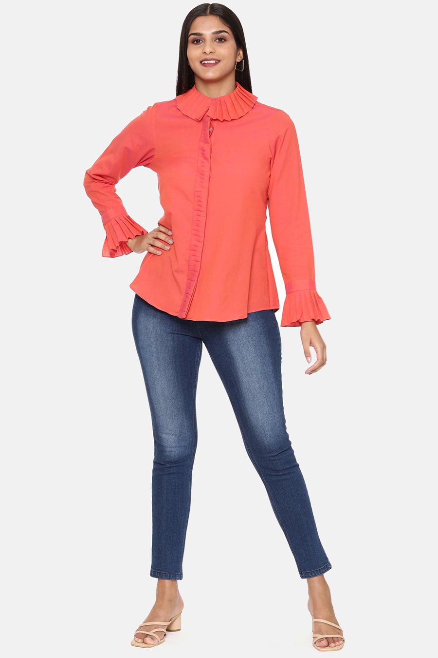 Red Cotton Pleated Shirt