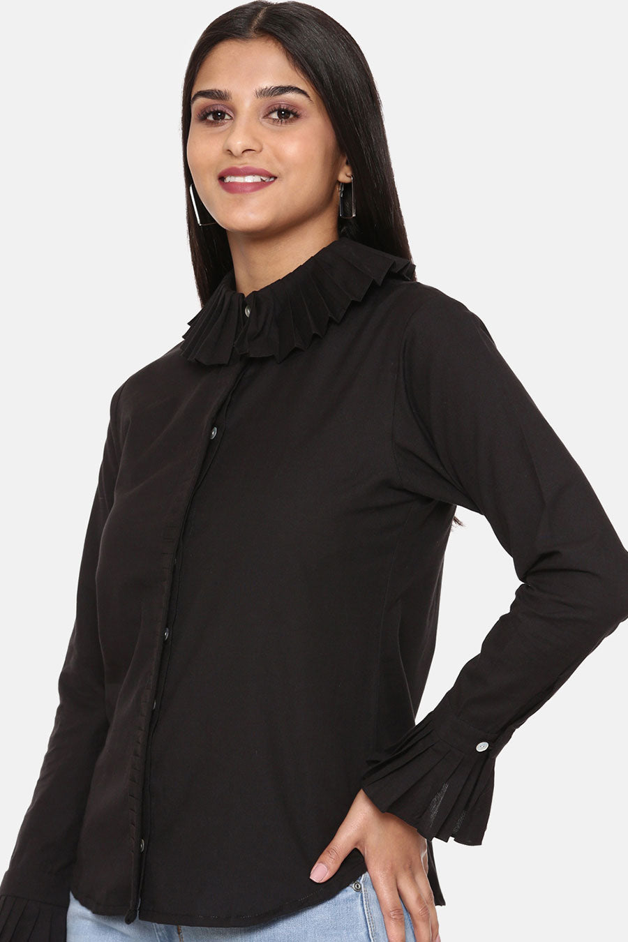 Black Pleated Cotton Shirt