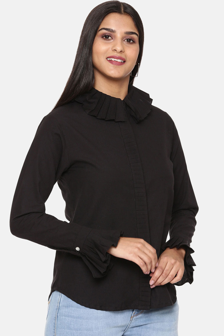 Black Pleated Cotton Shirt