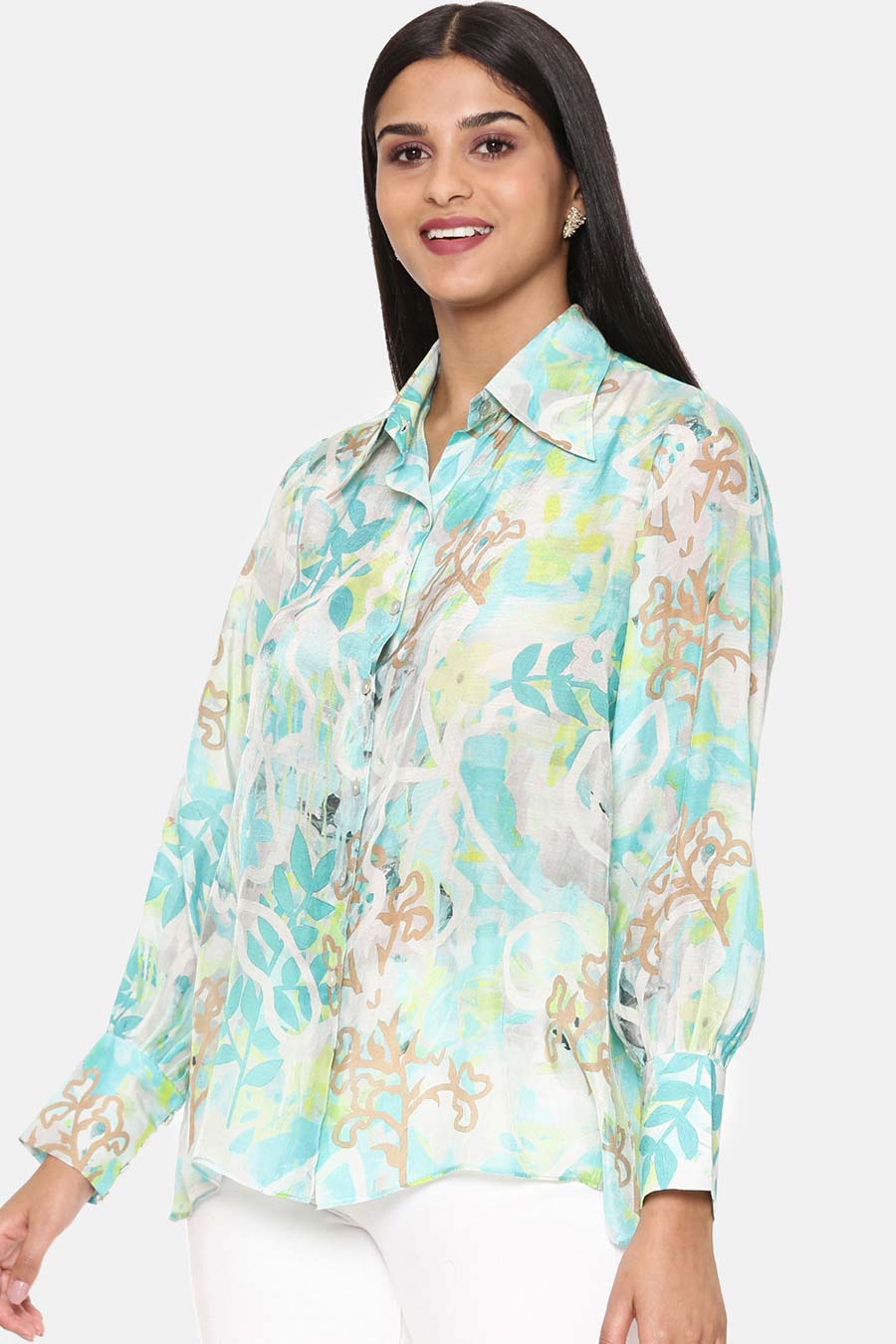 Blue Floral Print Muslin Shirt