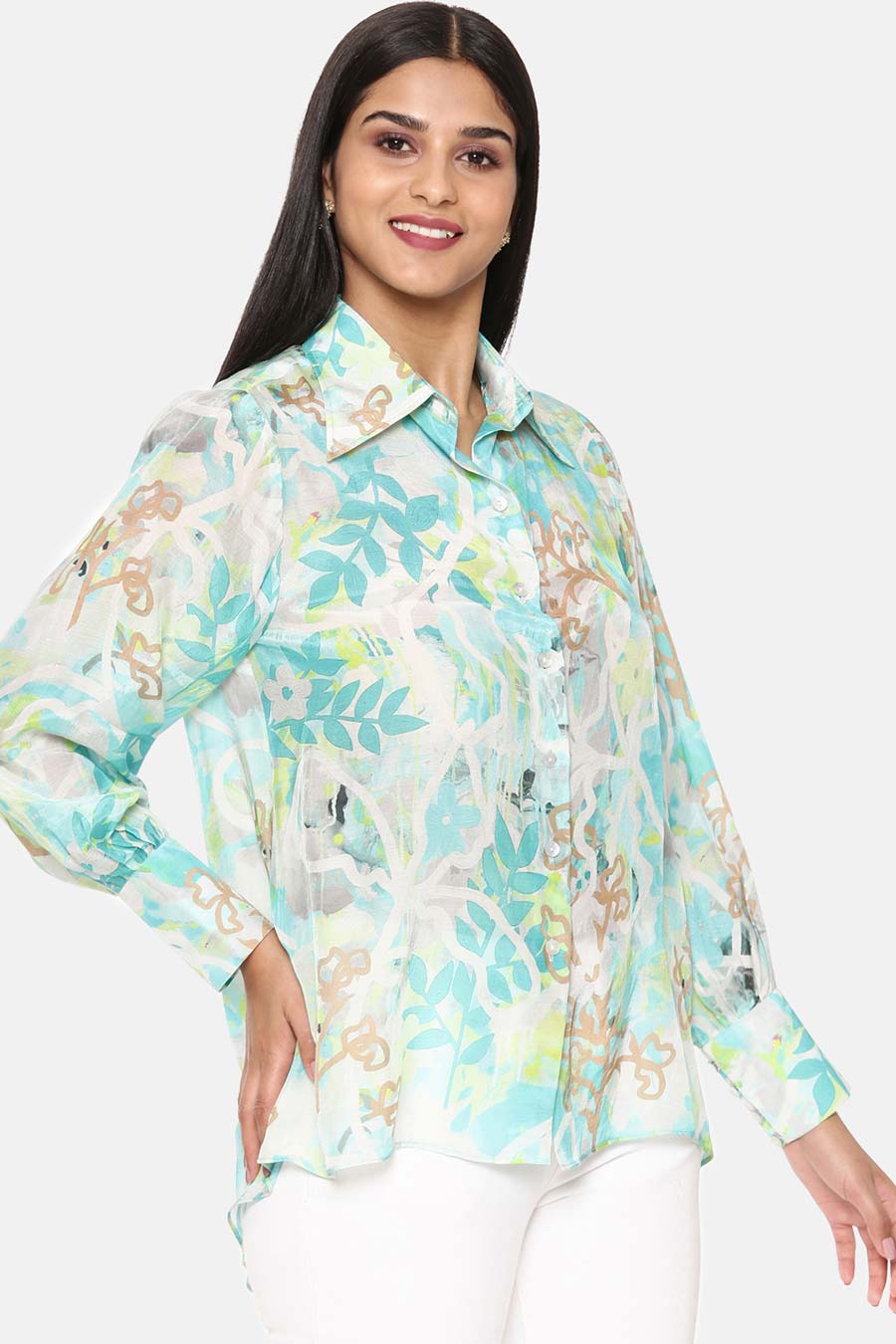 Blue Floral Print Muslin Shirt