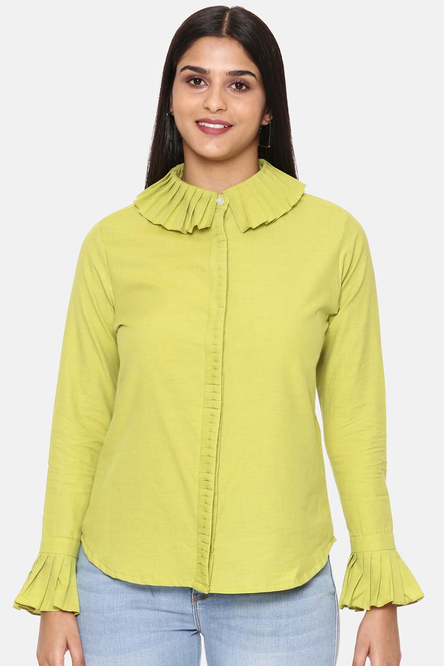 Green Pleated Cotton Shirt