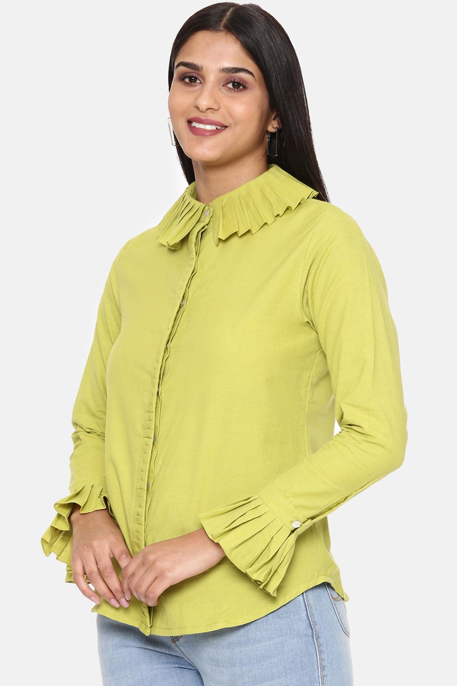 Green Pleated Cotton Shirt