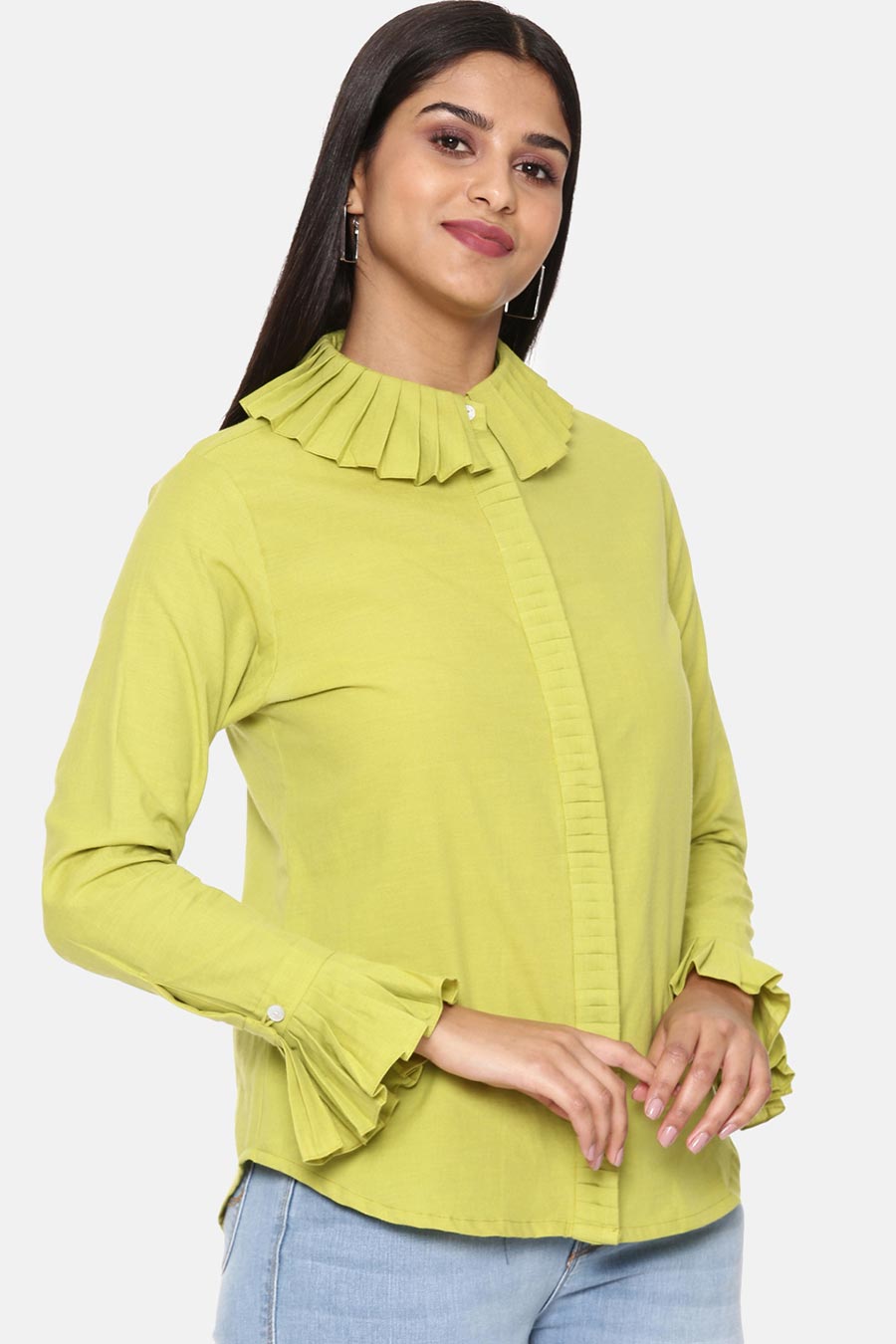 Green Pleated Cotton Shirt