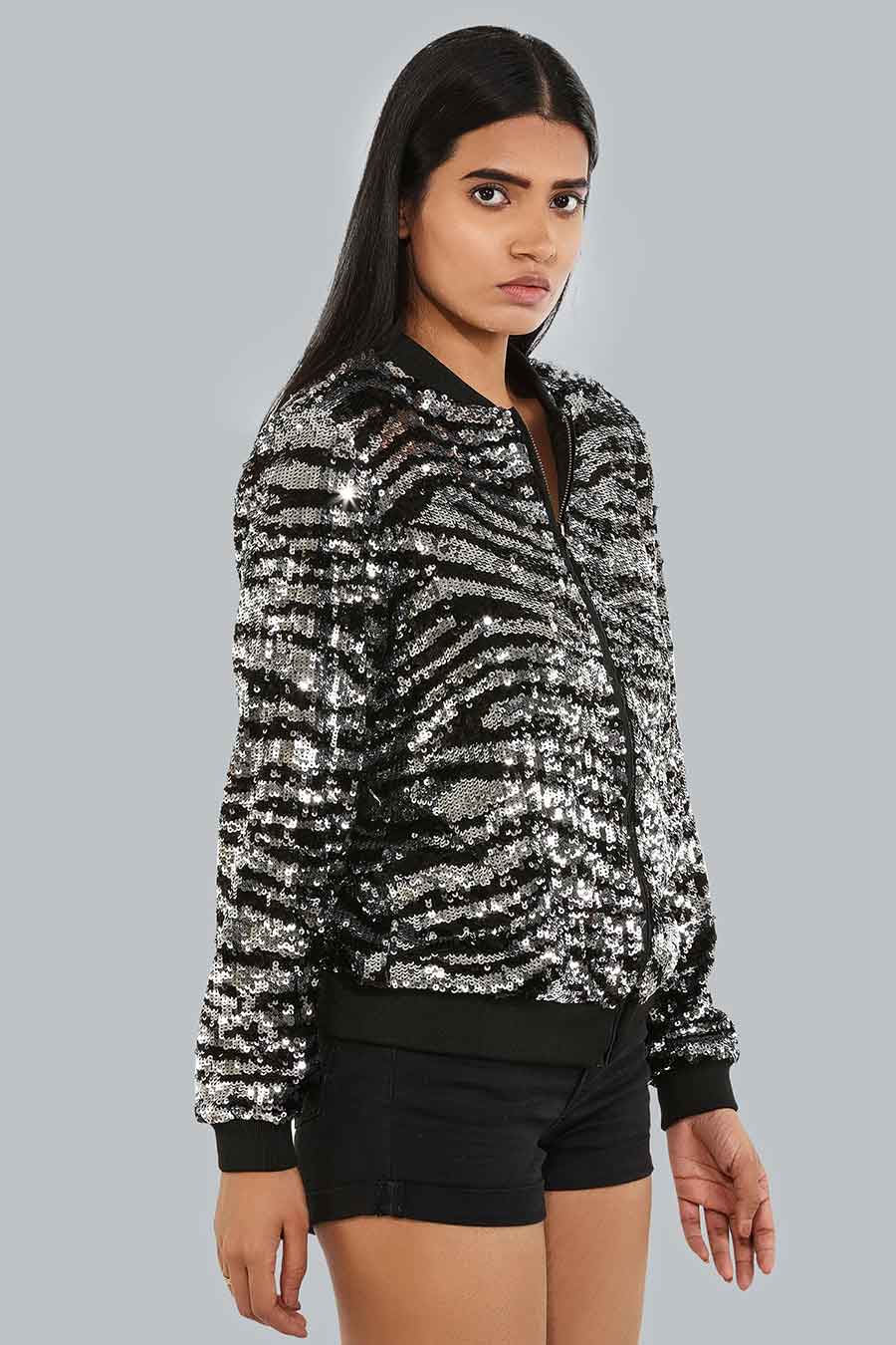 Silver Tiger Print Bomber Jacket