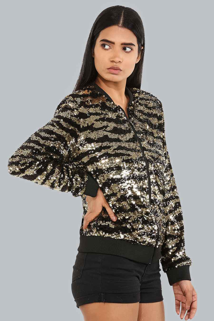 Gold Tiger Print Bomber Jacket