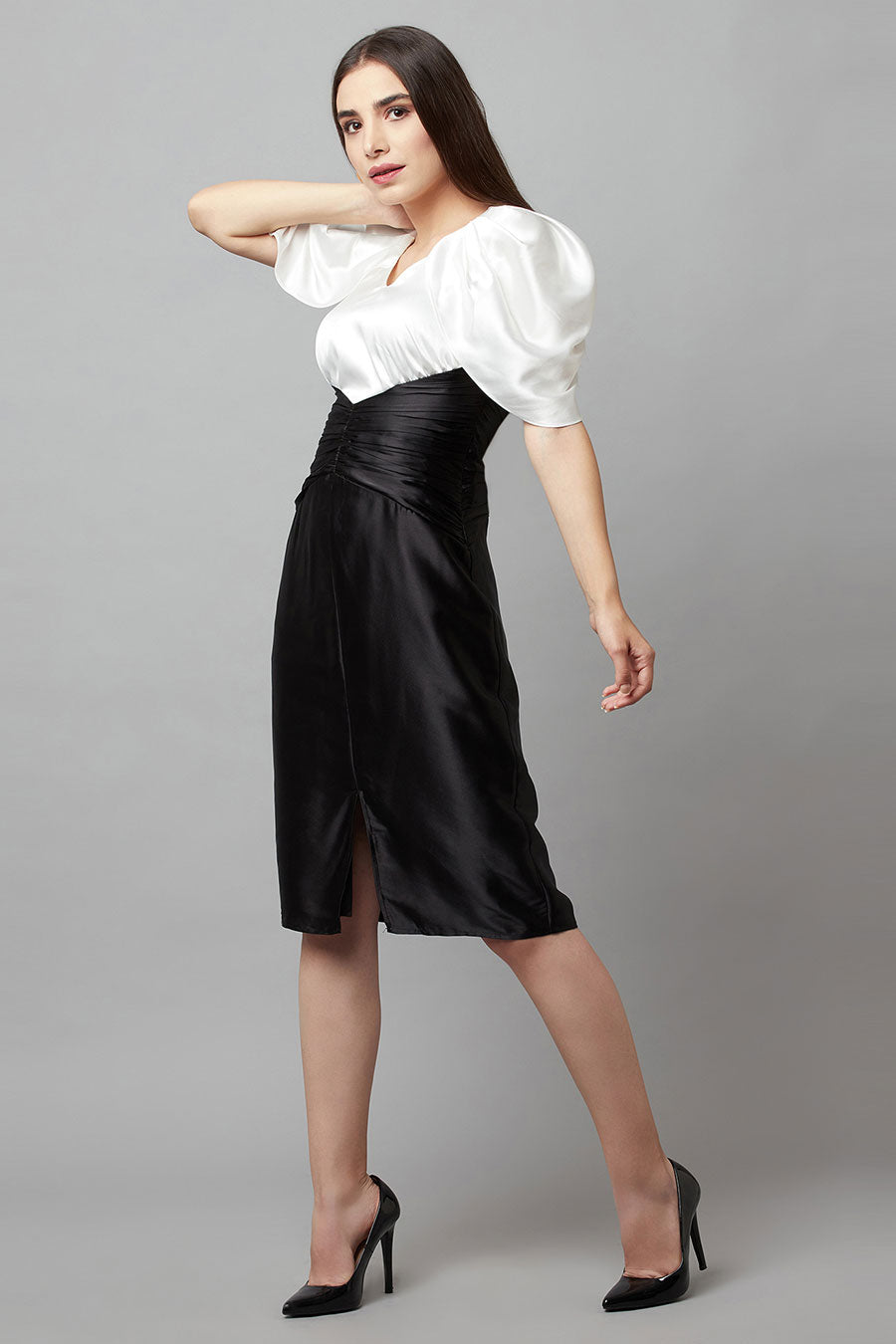 Ruched Black & White Dress