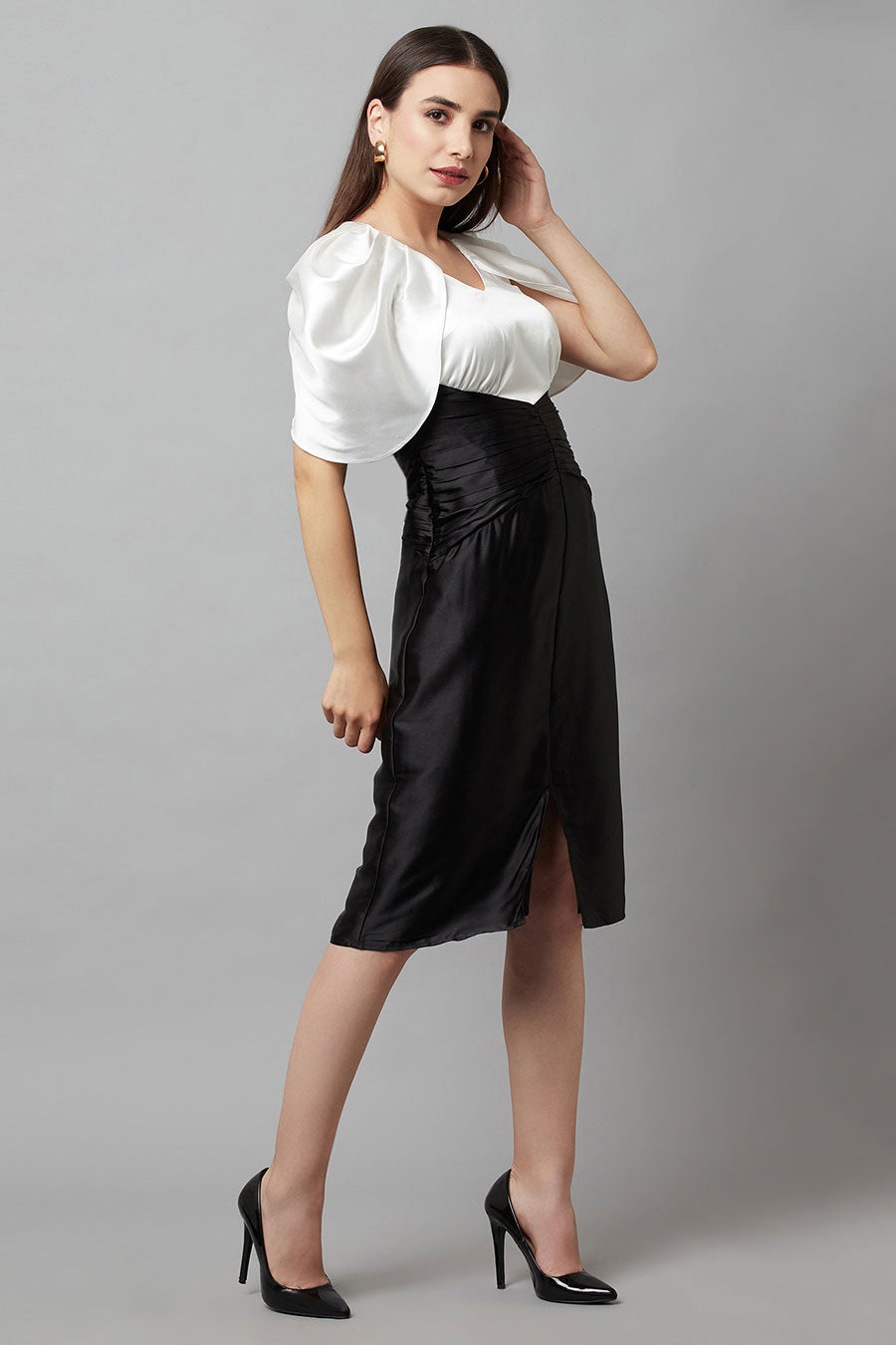 Ruched Black & White Dress