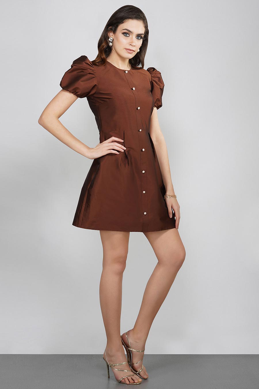Brown Puffed Sleeves Dress