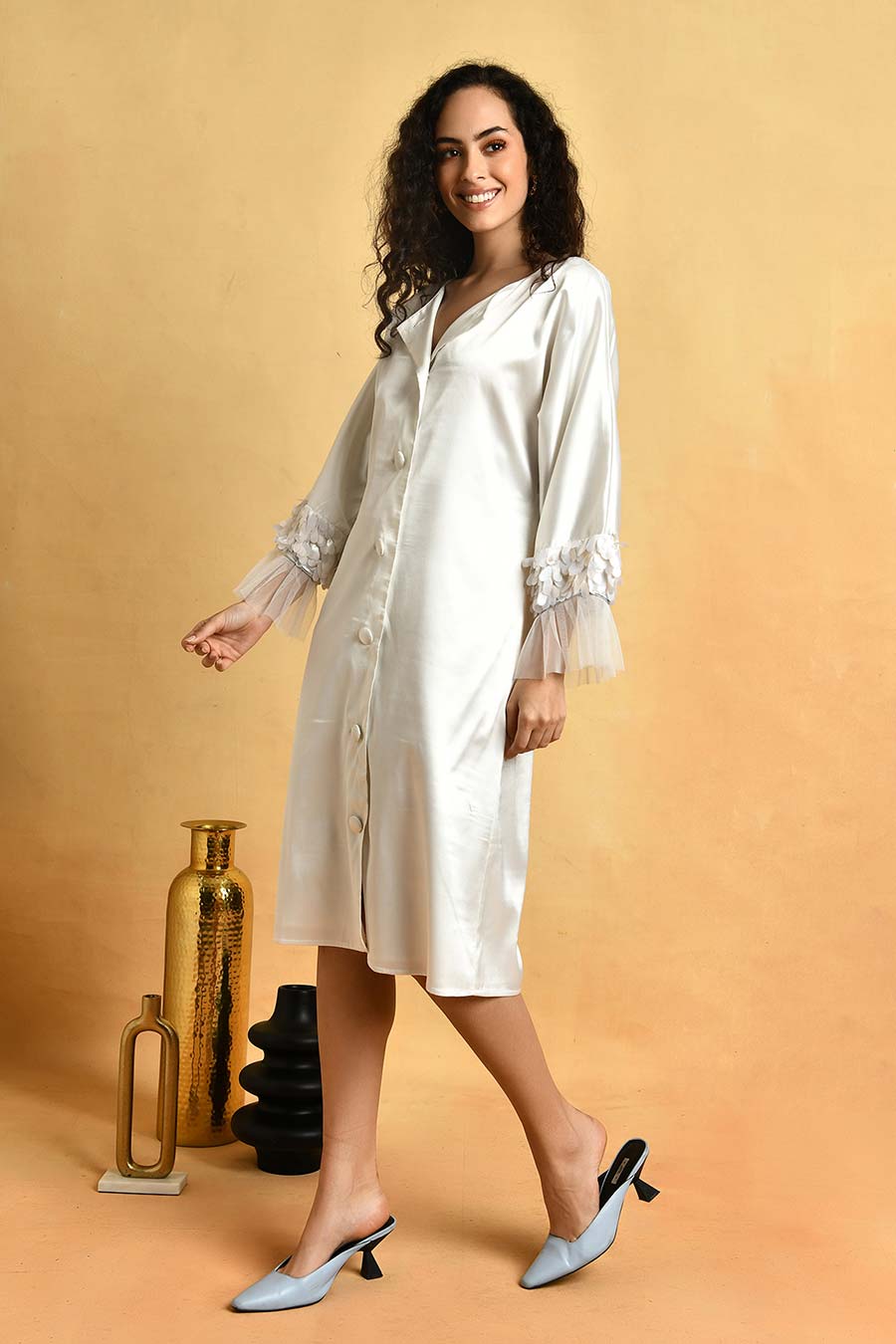 White Satin Shirt Dress