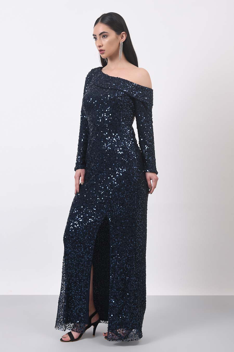Blue Sequin Slit Gown Dress