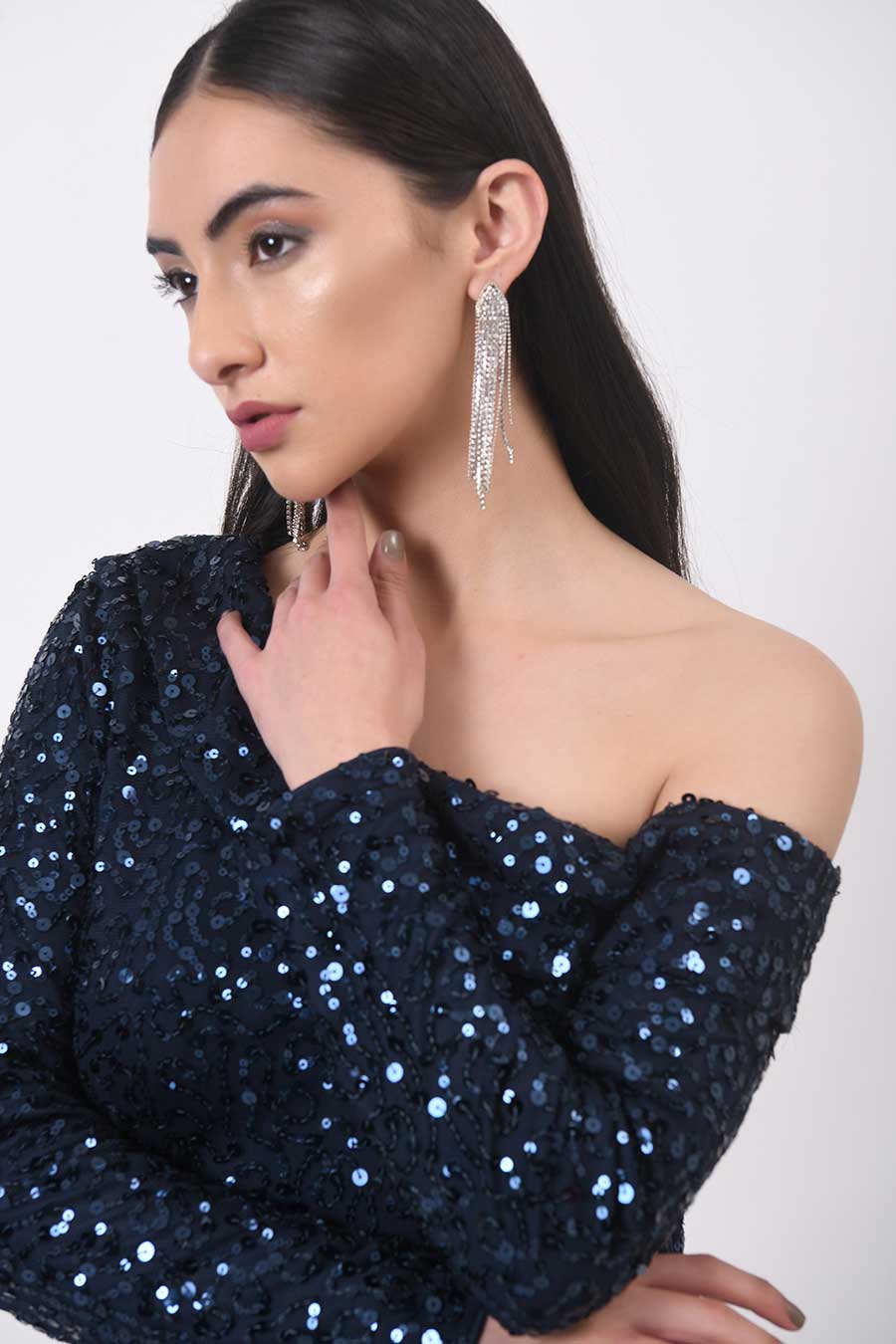 Blue Sequin Slit Gown Dress
